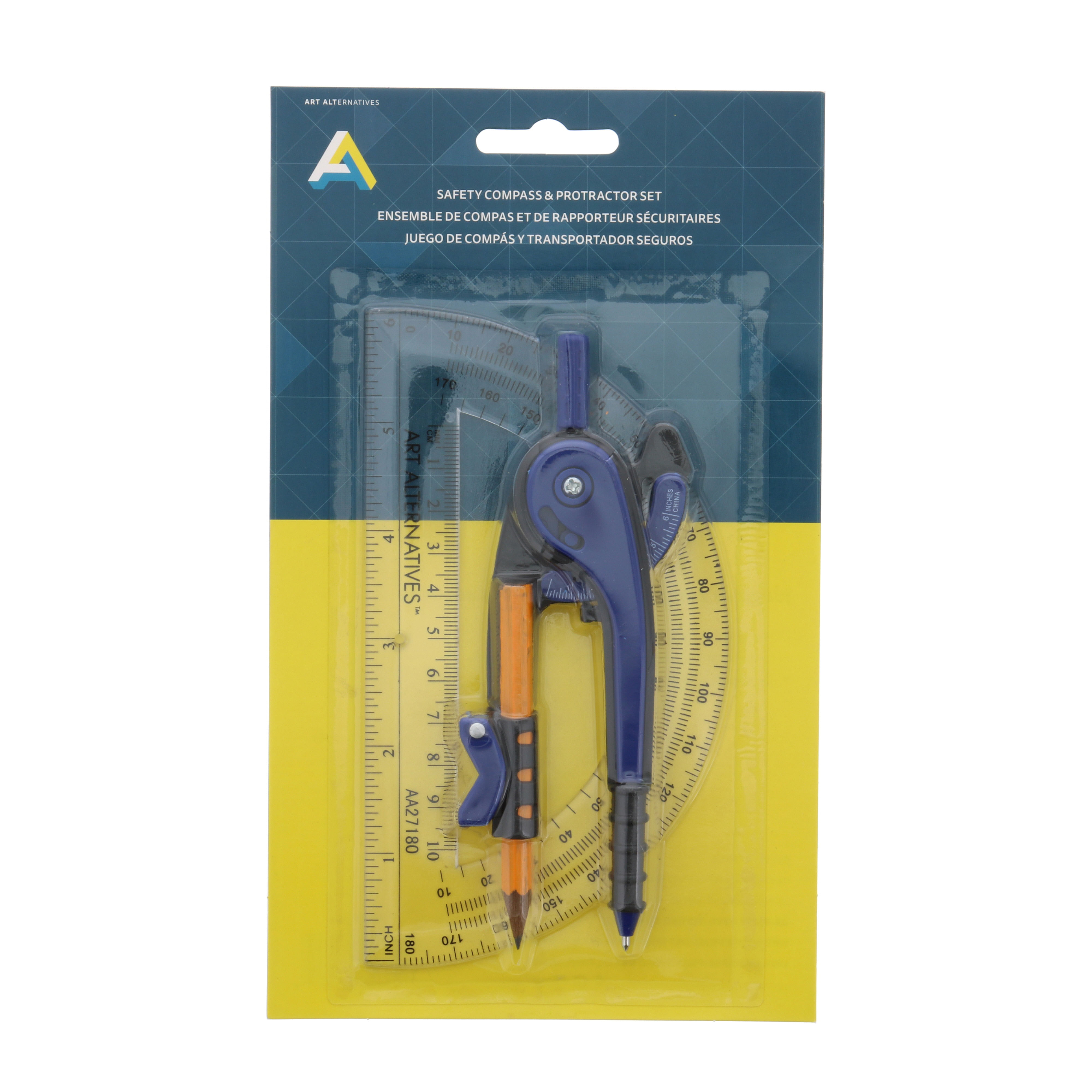 Blue or Orange Safety Compass Ruler & Protractor Set Select Color: Red 
